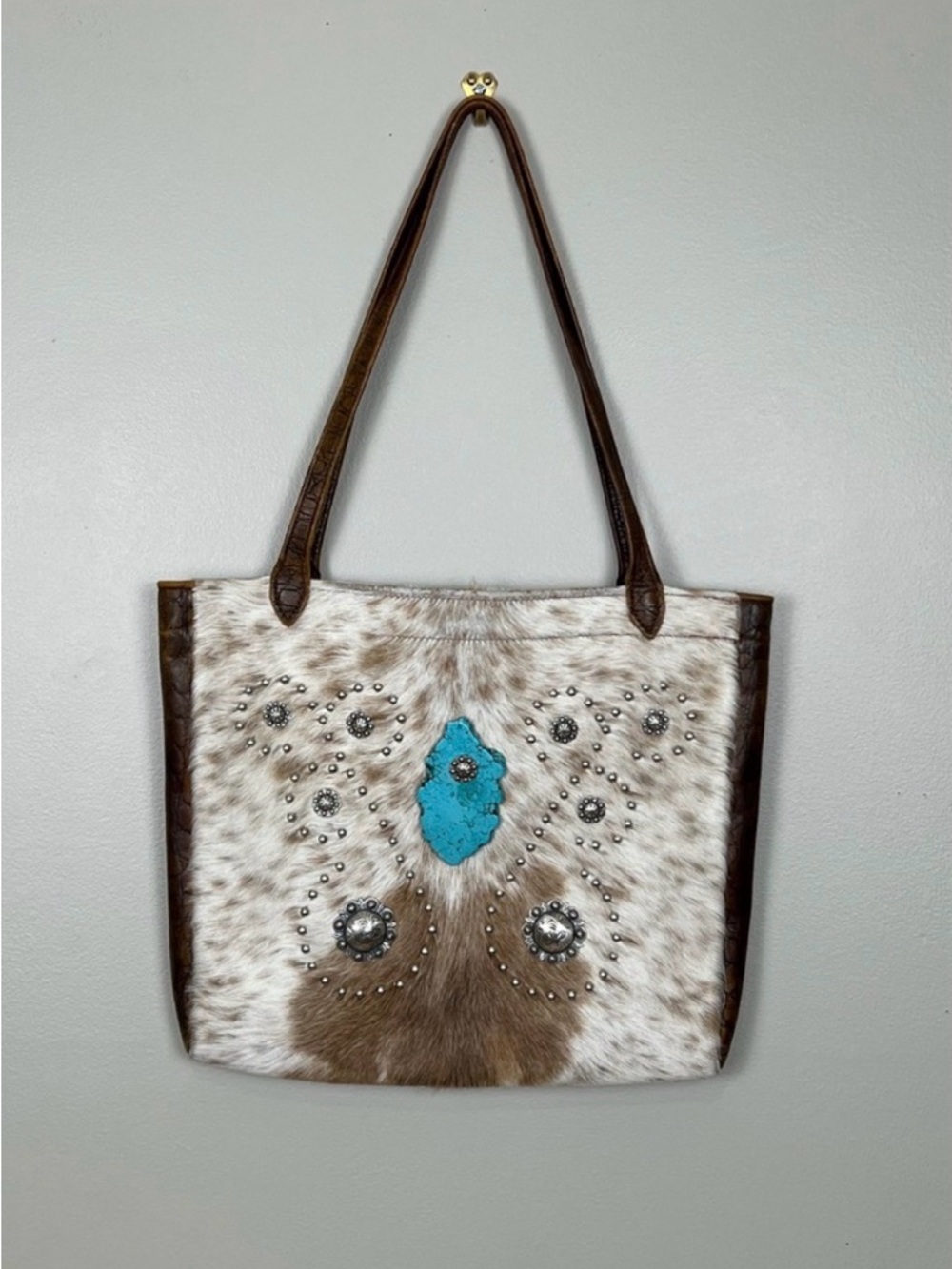 Four Shoes Leather Work Cowhide‎ Turquoise Concho Butterfly Tote Bag Salado TX